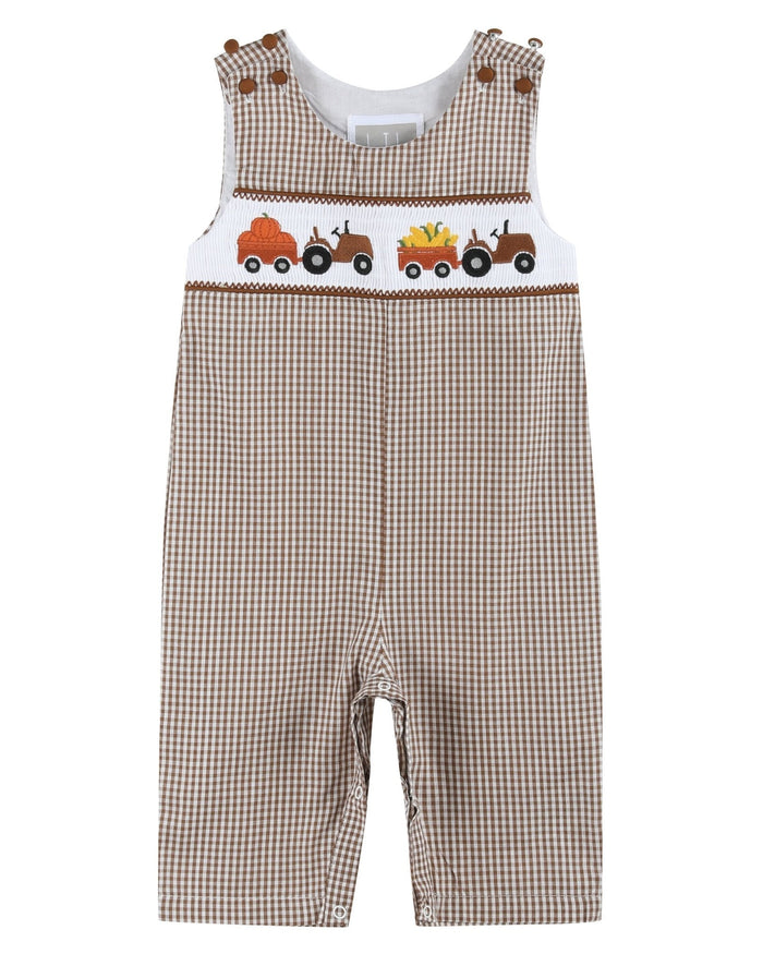 Brown Gingham Pumpkin and Corn Tractor Smocked Overalls - Lil Cactus