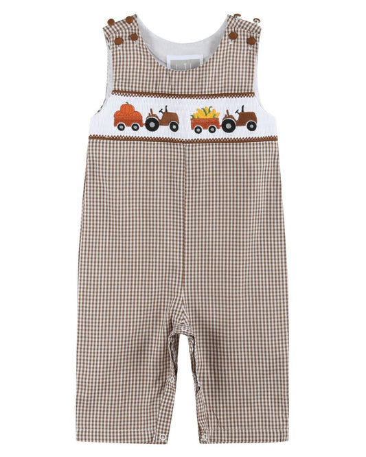 Brown Gingham Pumpkin and Corn Tractor Smocked Overalls - Lil Cactus