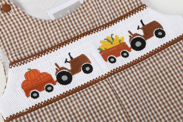 Brown Gingham Pumpkin and Corn Tractor Smocked Overalls - Lil Cactus