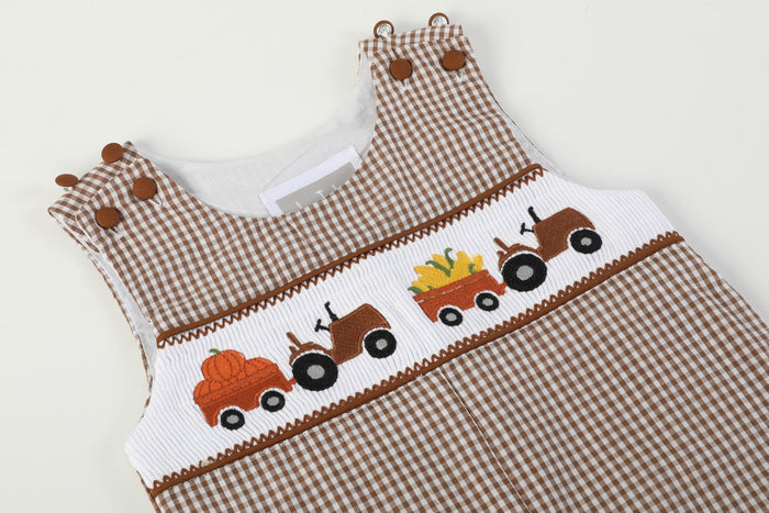 Brown Gingham Pumpkin and Corn Tractor Smocked Overalls - Lil Cactus