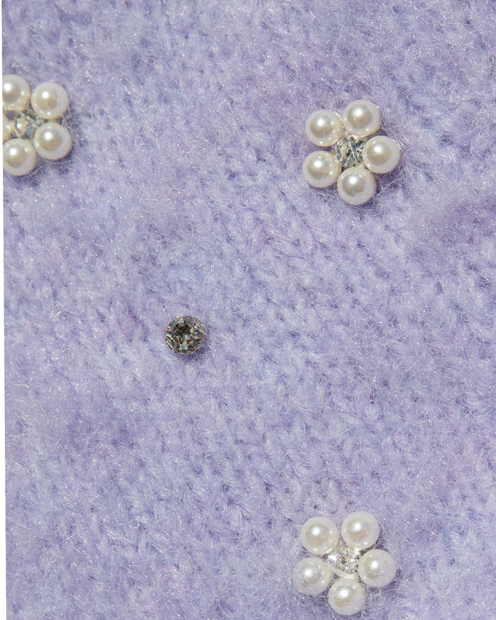 Close-up of the LSPACE Brynn Cardigan in lavender ice, showcasing the fluffy knit fabric texture with scattered pearl floral cluster embellishments and crystal accents in pale lavender.