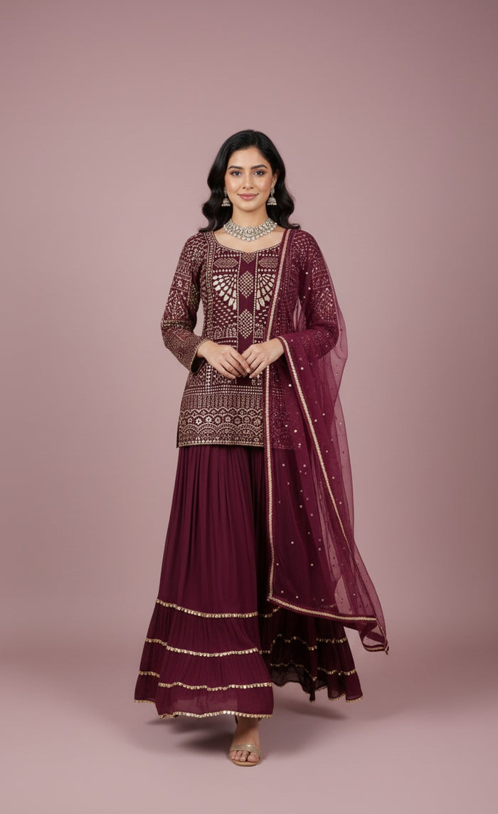 Burgundy Embroidered Lehenga Set with Mirror Work Dupatta