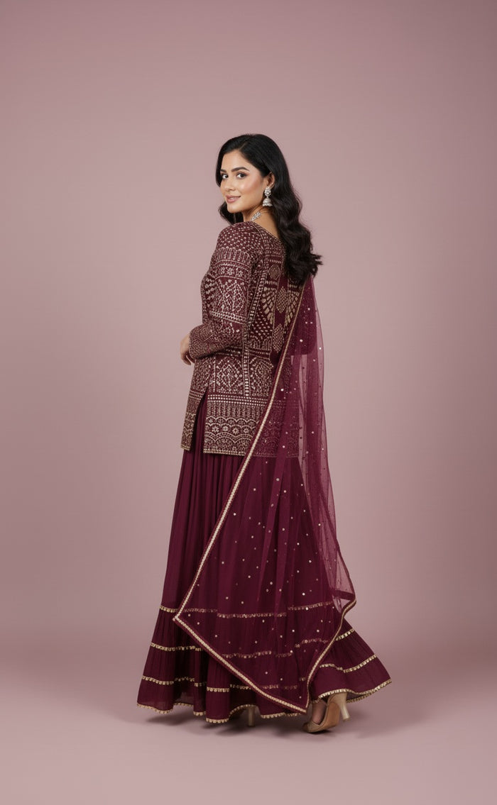 Burgundy Embroidered Lehenga Set with Mirror Work Dupatta
