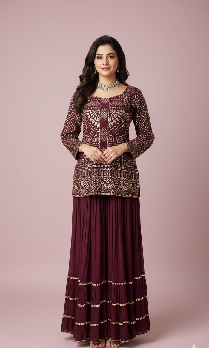 Burgundy Embroidered Lehenga Set with Mirror Work Dupatta