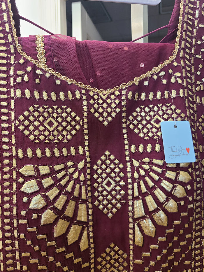 Burgundy Embroidered Lehenga Set with Mirror Work Dupatta