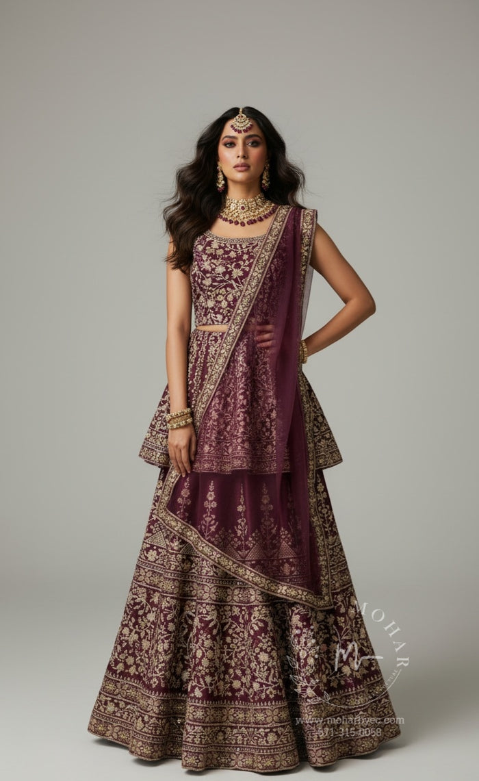 Burgundy Gold Embroidered Lehenga Choli with dupatta