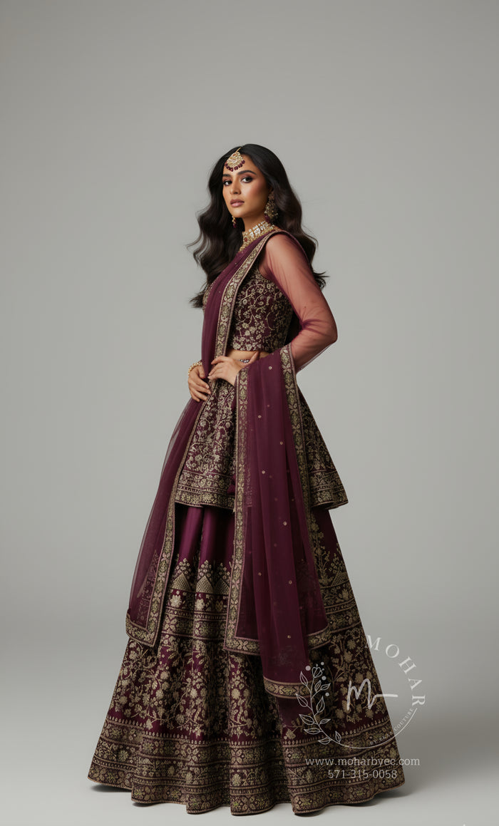 Burgundy Gold Embroidered Lehenga Choli with dupatta