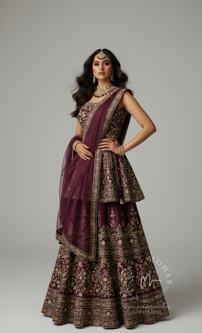 Burgundy Gold Embroidered Lehenga Choli with dupatta