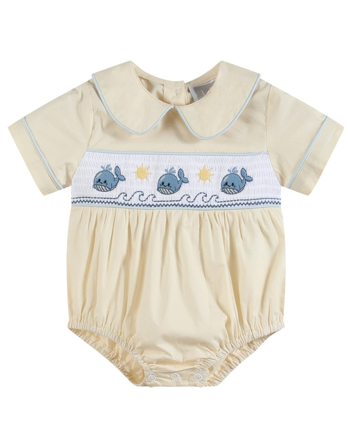 Buttercream Yellow Whale Smocked Collared Romper - Lil Cactus