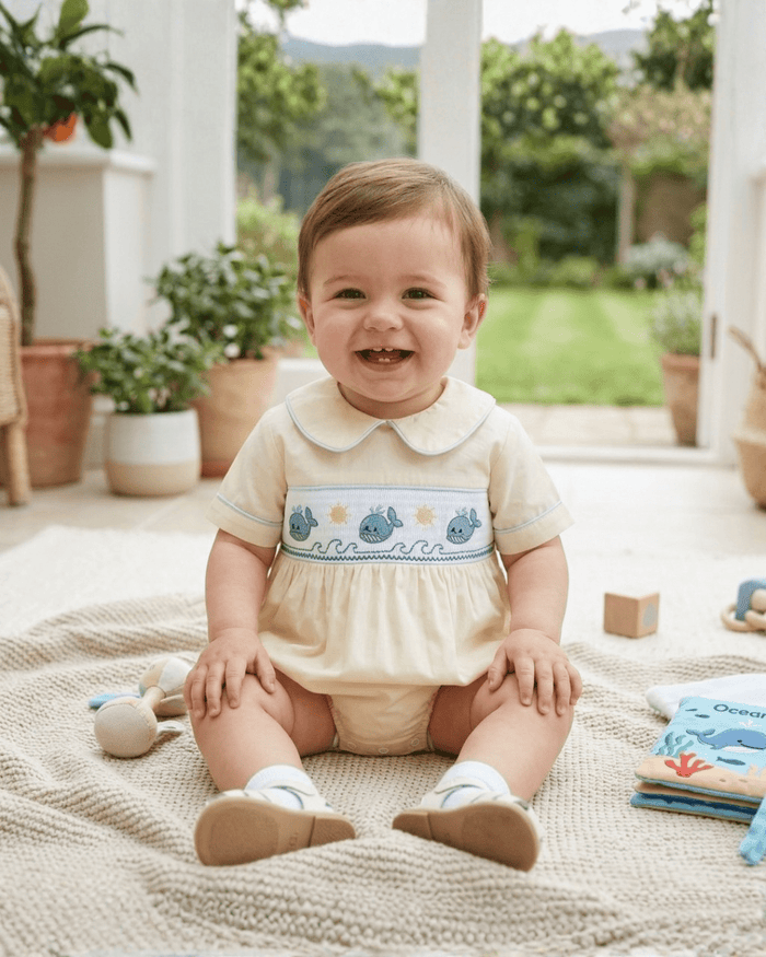 Buttercream Yellow Whale Smocked Collared Romper - Lil Cactus