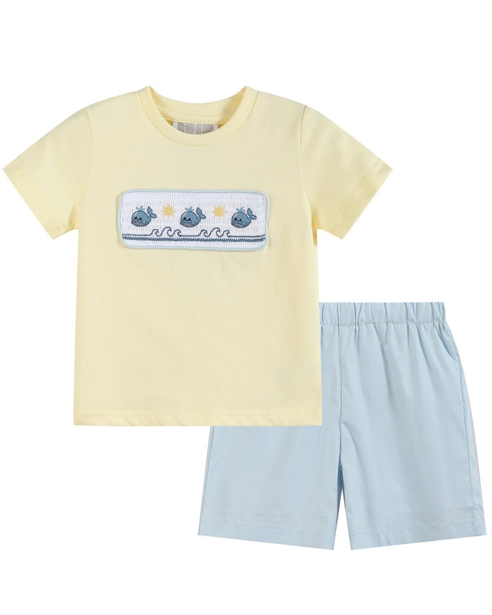 Buttercream Yellow Whale Smocked Shirt and Shorts Set - Lil Cactus