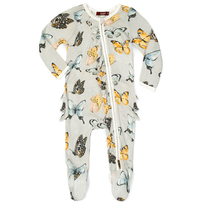 Butterfly Bamboo Ruffle Zipper Footed Romper - Babies in Bloom