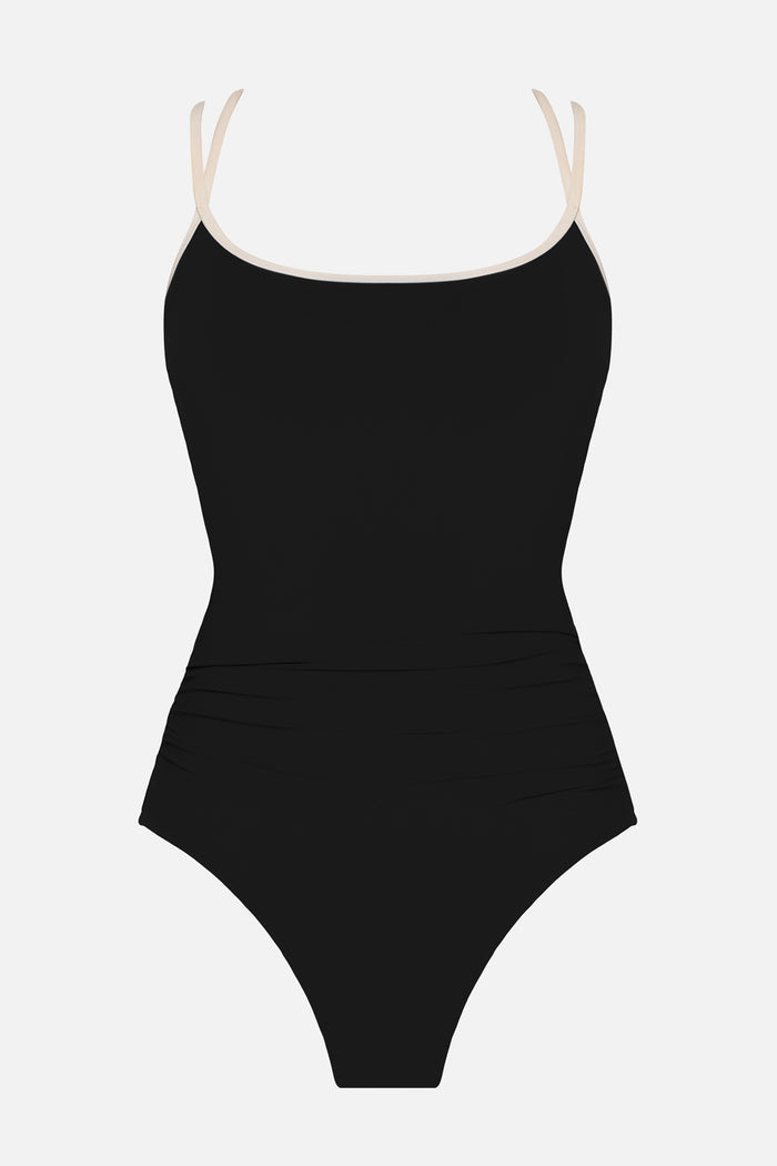 Black one-piece swimsuit with white double straps