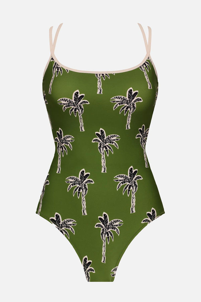 Green palm tree printed one-piece swimsuit