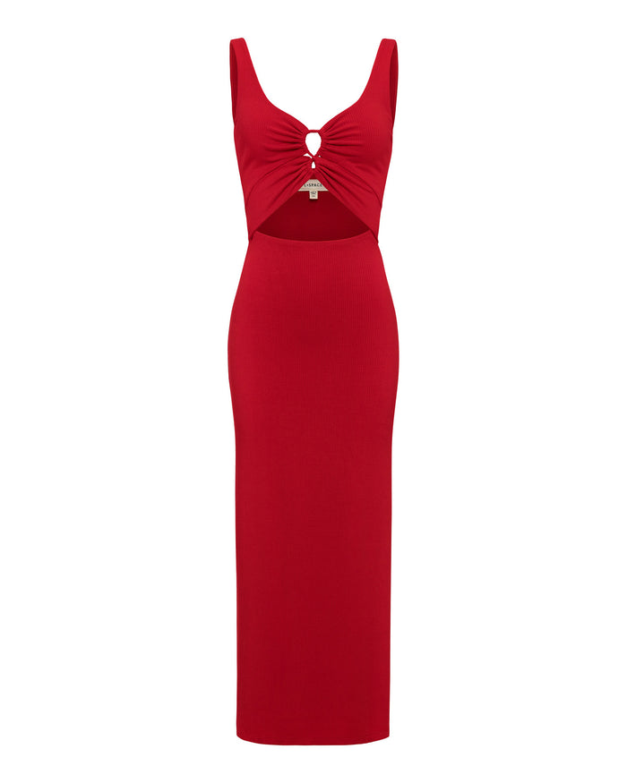 Off-model view of the LSPACE Camille Dress in flame, displayed flat to show the full-length sleeveless silhouette with keyhole bust cutout and side waist cutout.