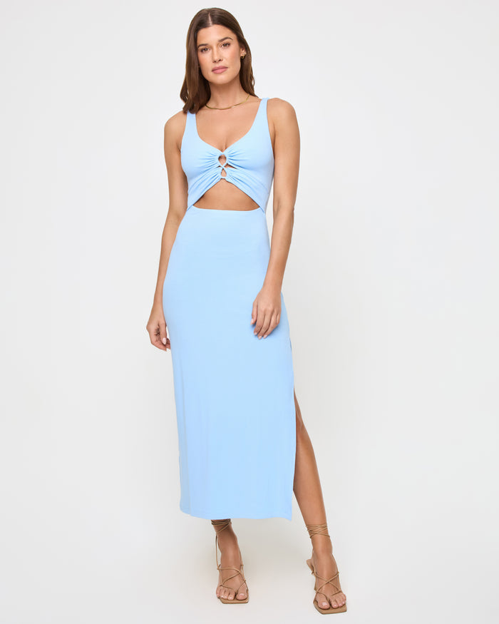 LSPACE Camille dress in French blue, front view on model.