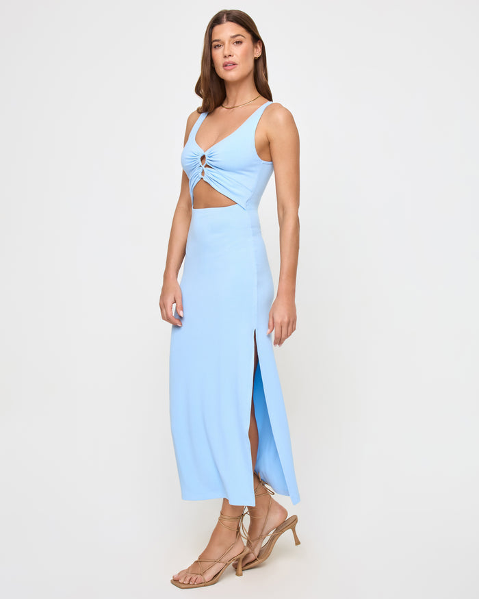 LSPACE Camille dress in French blue, side view on model.