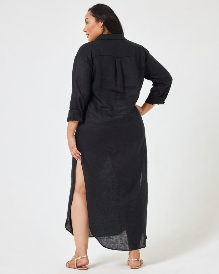 Back view of a model wearing the LSPACE Capistrano Tunic in black linen.