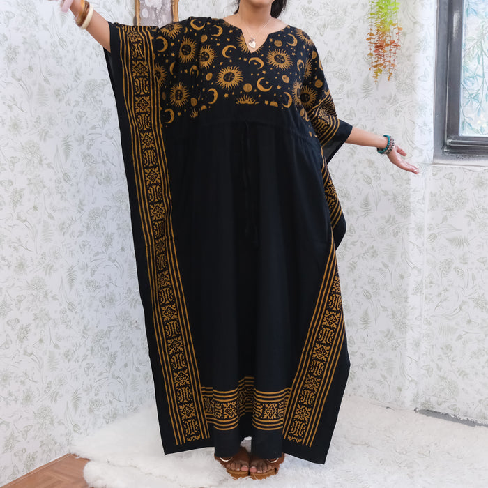 Celestial Sun & Moon Hamsa Kaftan Maxi Dress with Pockets