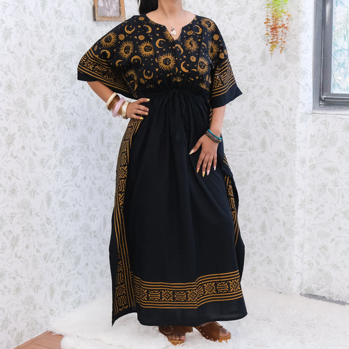 Celestial Sun & Moon Hamsa Kaftan Maxi Dress with Pockets