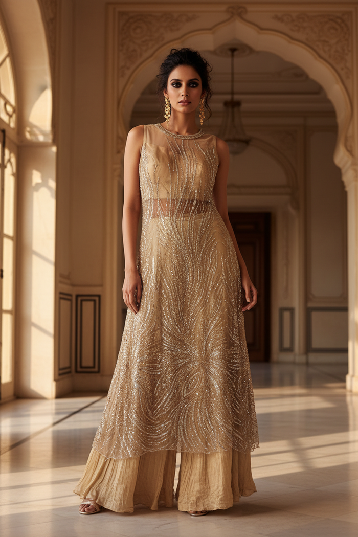 Front Pose – Champagne Gold Palazzo Set