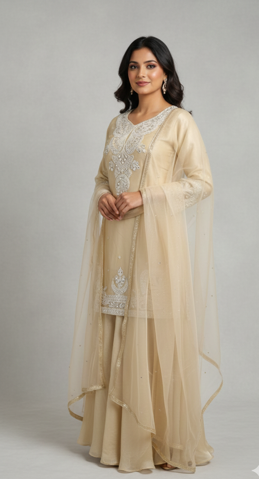 Champagne Gold Zari & Sequin Sharara Suit Set