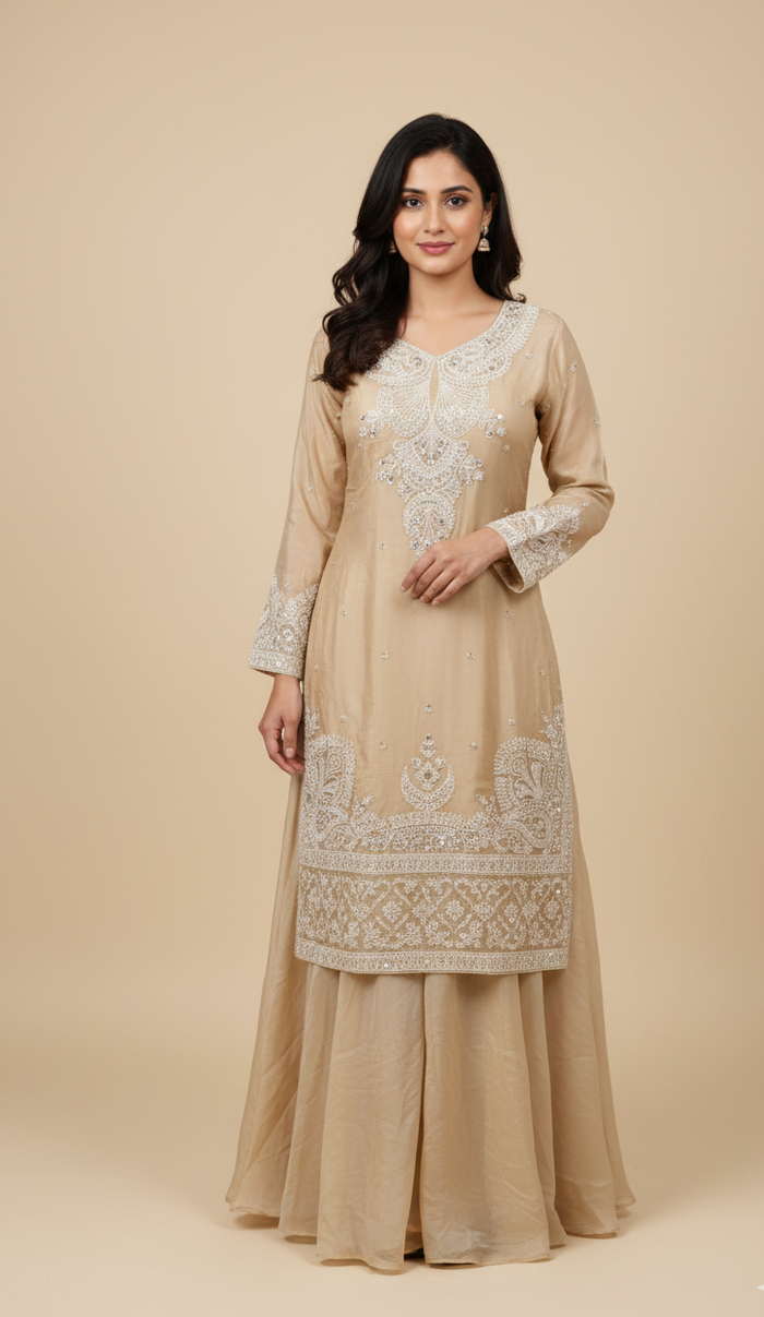 Champagne Gold Zari & Sequin Sharara Suit Set