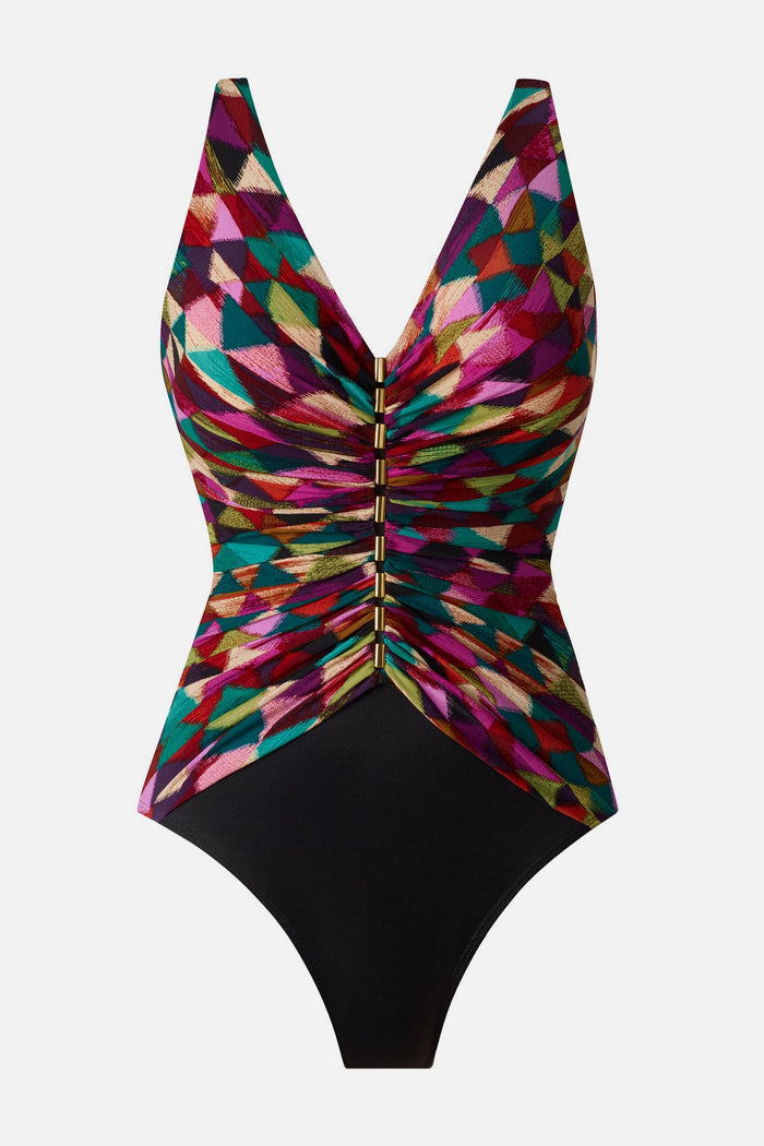 Multicolored geometric printed V neck one-piece swimsuit