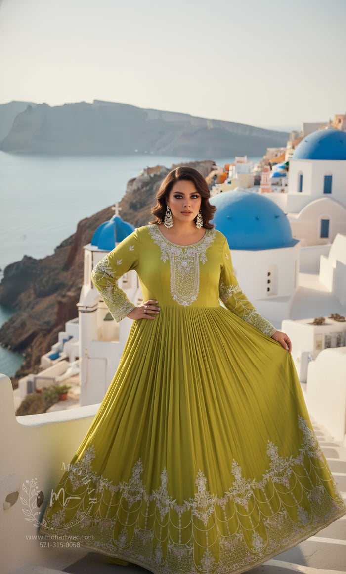 Chartreuse Green Embroidered Anarkali Gown