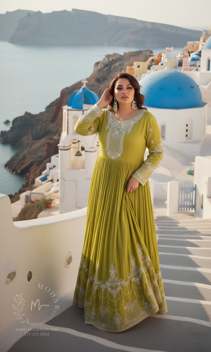 Chartreuse Green Embroidered Anarkali Gown