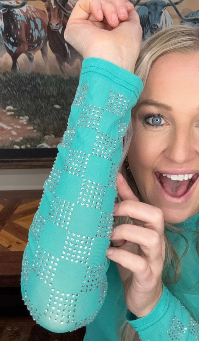 Checked into Sparkles Mesh Turquoise Top