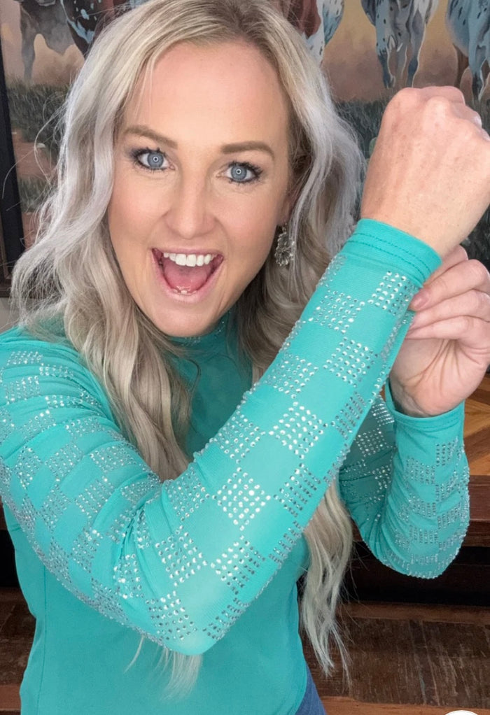 Checked into Sparkles Mesh Turquoise Top