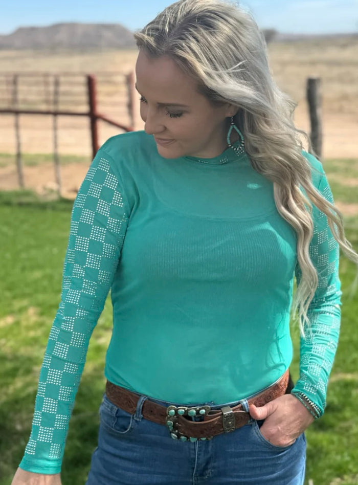 Checked into Sparkles Mesh Turquoise Top