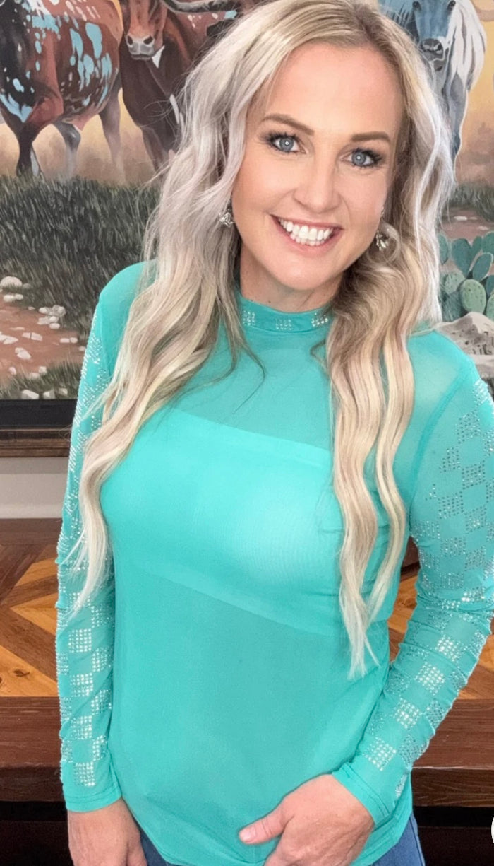 Checked into Sparkles Mesh Turquoise Top