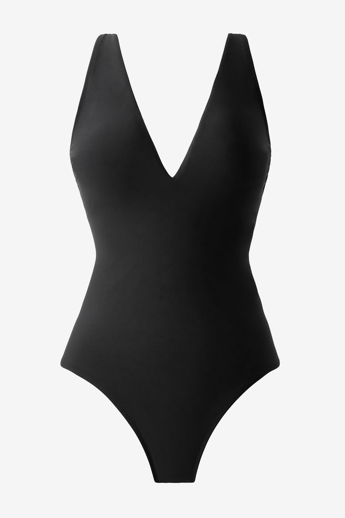V-neckline black one-piece swimsuit