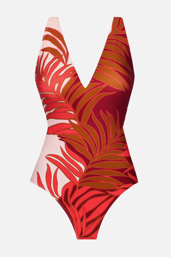 Orange and white palm leaf printed one-piece swimsuit