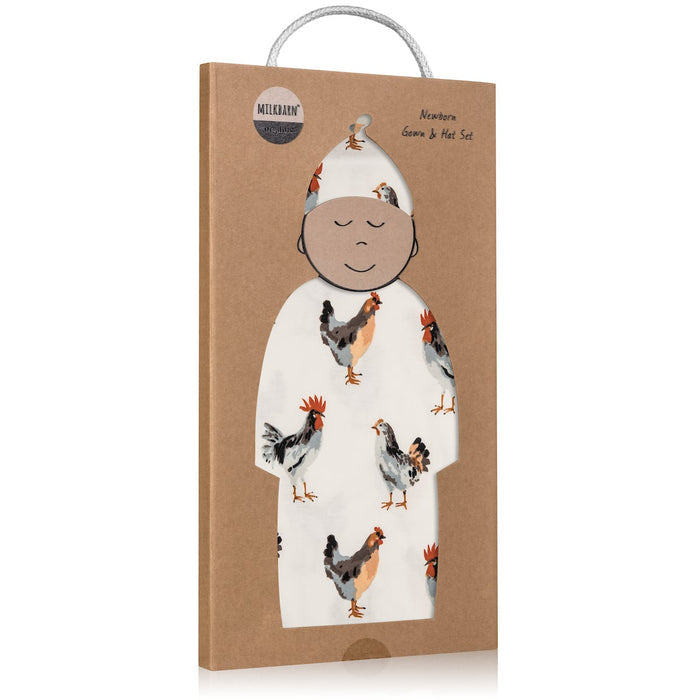 Chicken Organic Cotton Newborn Gown & Hat Set - Babies in Bloom