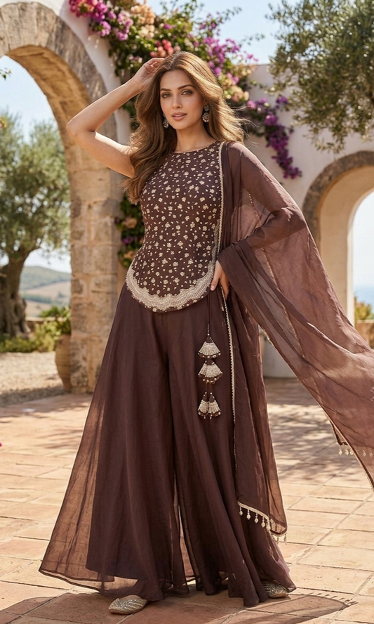 Chocolate Brown Backless Indowestern Set