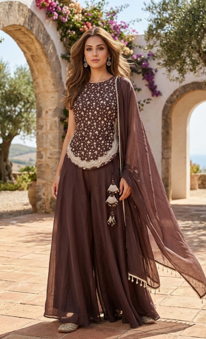 Chocolate Brown Backless Indowestern Set