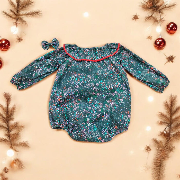 CHRISTMAS Liberty Bubble Romper: Long Sleeve, Ruffle Collar Playsuit