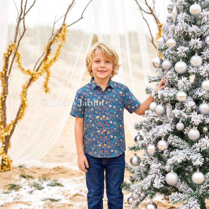 CHRISTMAS Liberty London Button-Up Shirt, Tailoring Customised Chemise, Personalised Sustainable Clothing, Short-sleeved Collared Top