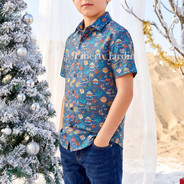 CHRISTMAS Liberty London Button-Up Shirt, Tailoring Customised Chemise, Personalised Sustainable Clothing, Short-sleeved Collared Top