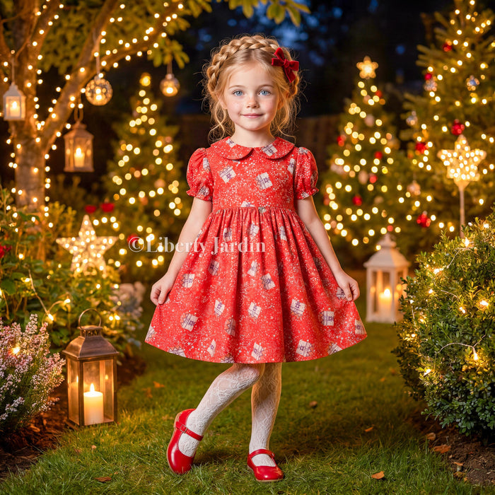 CHRISTMAS Liberty London Dress, Handmade Children-wear, Sustainable Clothing, Customised Personalised Outfits, Peter-Pan Collared Gown