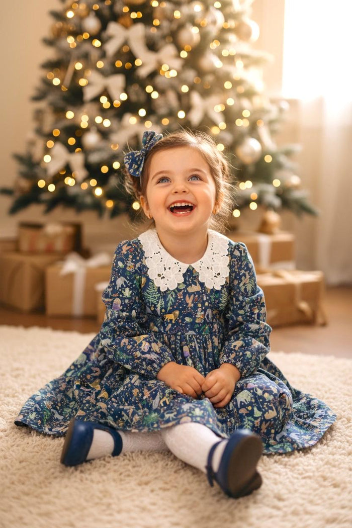 CHRISTMAS Liberty London Dress, Peter Pan Collar Long Sleeves Navy Red Animal Print Dress