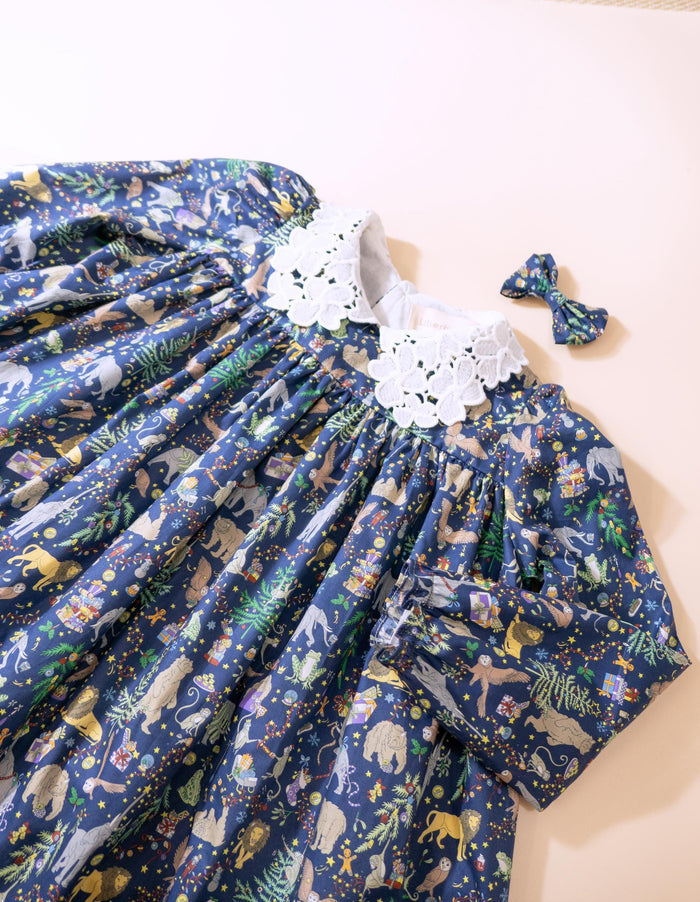 CHRISTMAS Liberty London Dress, Peter Pan Collar Long Sleeves Navy Red Animal Print Dress