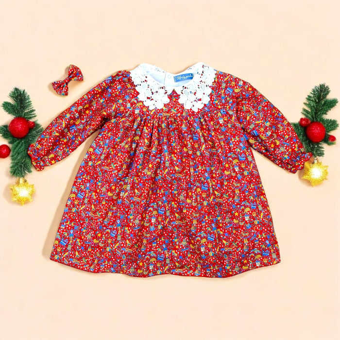 CHRISTMAS Liberty London Dress, Peter Pan Collar Long Sleeves Navy Red Animal Print Dress