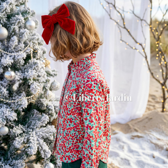 CHRISTMAS Liberty London Long Sleeves Blouse, Ruffle Collar Button Up Top, Handmade Personalised Shirt, Wiltshire Berries Customised Chemise