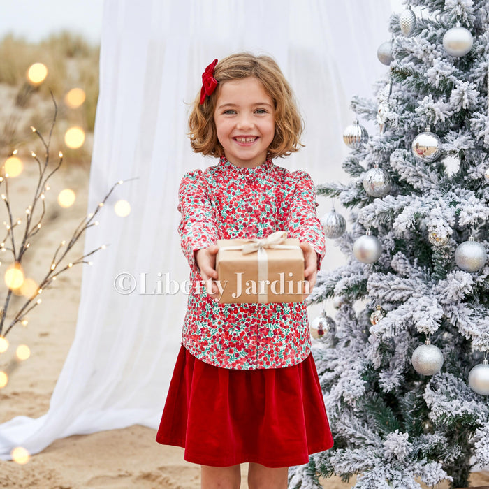 CHRISTMAS Liberty London Long Sleeves Blouse, Ruffle Collar Button Up Top, Handmade Personalised Shirt, Wiltshire Berries Customised Chemise