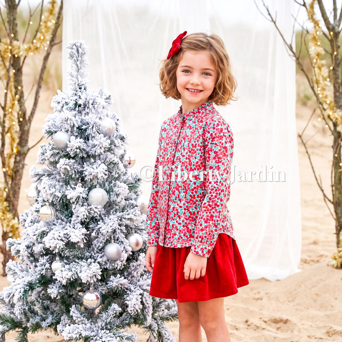 CHRISTMAS Liberty London Long Sleeves Blouse, Ruffle Collar Button Up Top, Handmade Personalised Shirt, Wiltshire Berries Customised Chemise
