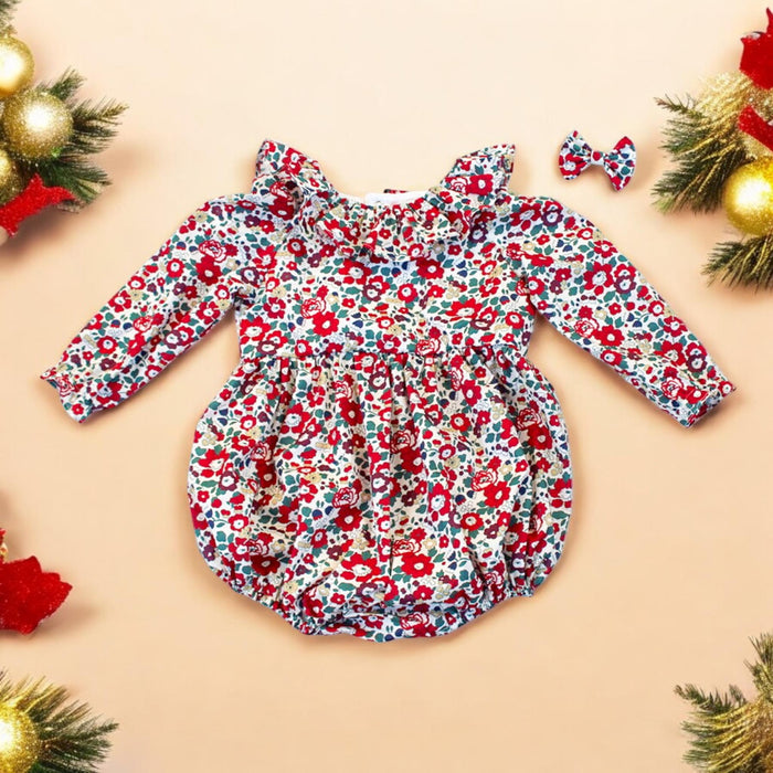 CHRISTMAS Liberty of London Baby Bubble Romper with Long Sleeves and Ruffle collar